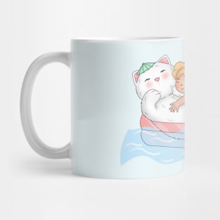 Little girl and big cat swimming in the ocean Mug